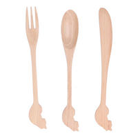BESTECK-SET, 3-teilig, Buchenholz, Katzen-Design, spülmaschinenfest - Naturfarben, Metall