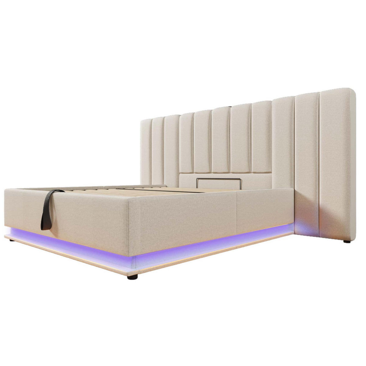 ČALOUNĚNÁ postel 180/200 cm béžová z lnu s úložným prostorem LED a USB-C - béžová, textil (180/200cm) - OKWISH