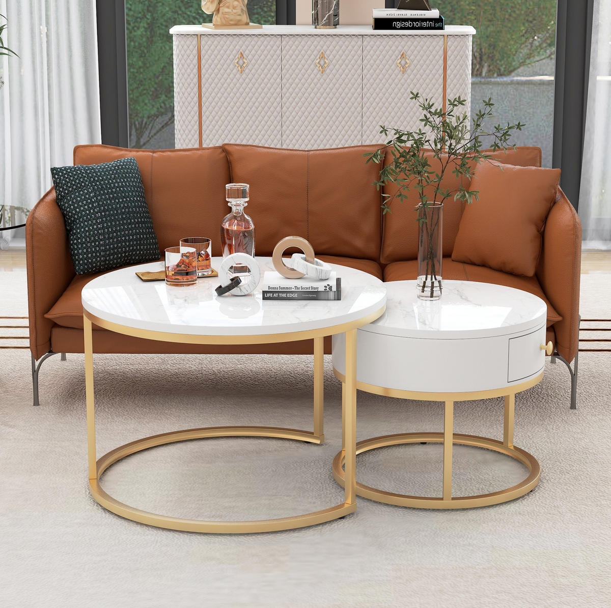 KONFERENČNÍ stolky z MDF 70x70x48/50x50x43,5 cm bílá sada 2 ks s mramorovým dekorem a zasouvacím designem - bílá, kompozitní dřevo (70/70/48cm) - Modfu