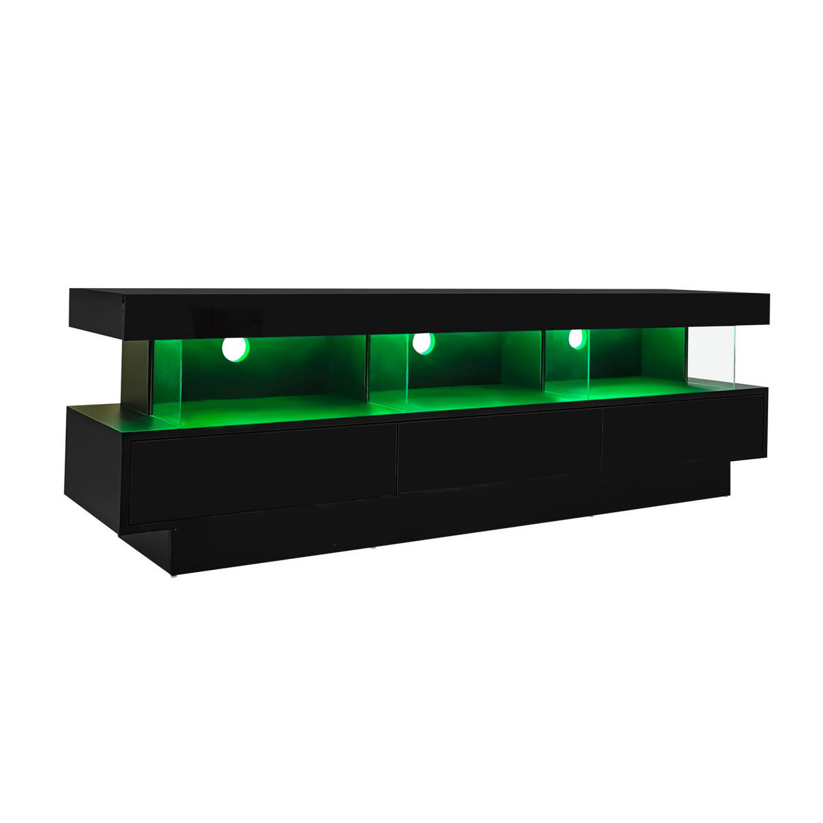 TV-LOWBOARD aus Spanplatte 160x38x50,5 cm Schwarz Hochglanz mit LED-Beleuchtung, Bluetooth-App-Steuerung und 3 Glasfächern - Schwarz, Holzwerkstoff (160/50.5/38cm) - Modfu