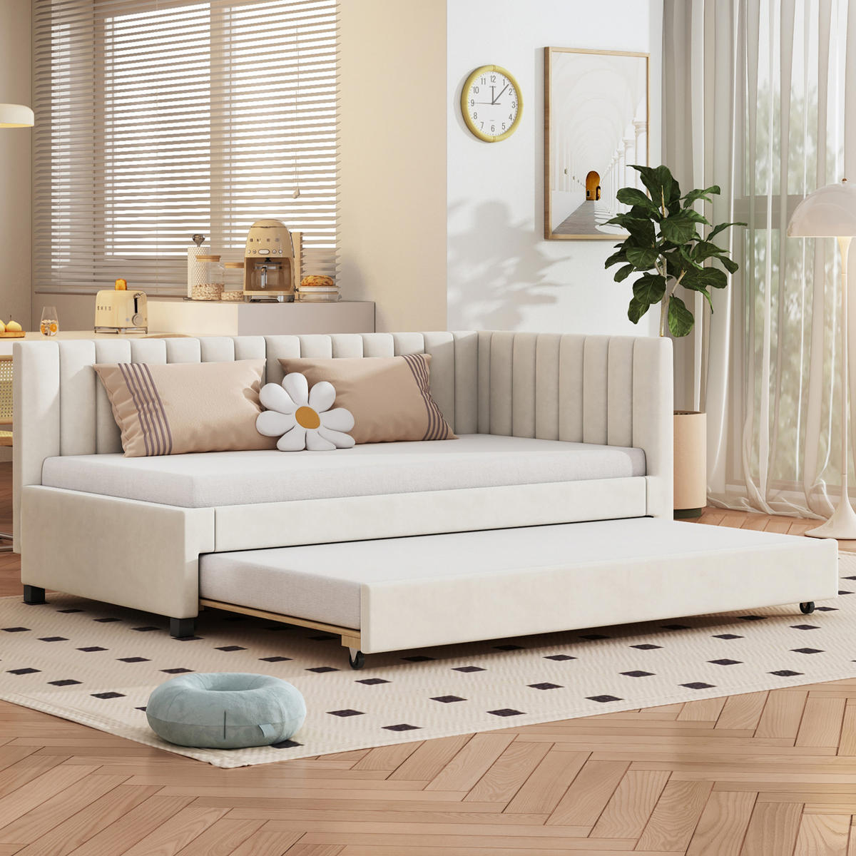 AUSZIEHBETT 90/200 cm aus Samt in Beige mit Lattenrost - Beige, Leder (90/200cm) - Flora Grace