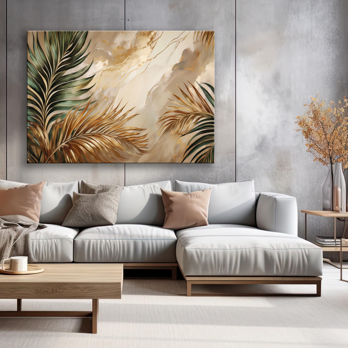 WANDBILD boho pflanzenblätter auf goldenem marmor - Goldfarben, Textil (60/40cm) - Feeby