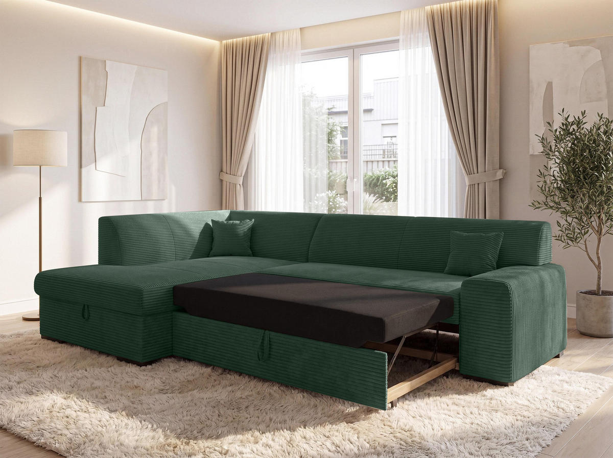 ECKSOFA L Form Minosa Flaschengrün 260/175/71 cm Links mit Schlaffunktion - Dunkelgrün/Schwarz, Kunststoff/Textil (260/175cm) - AX Living