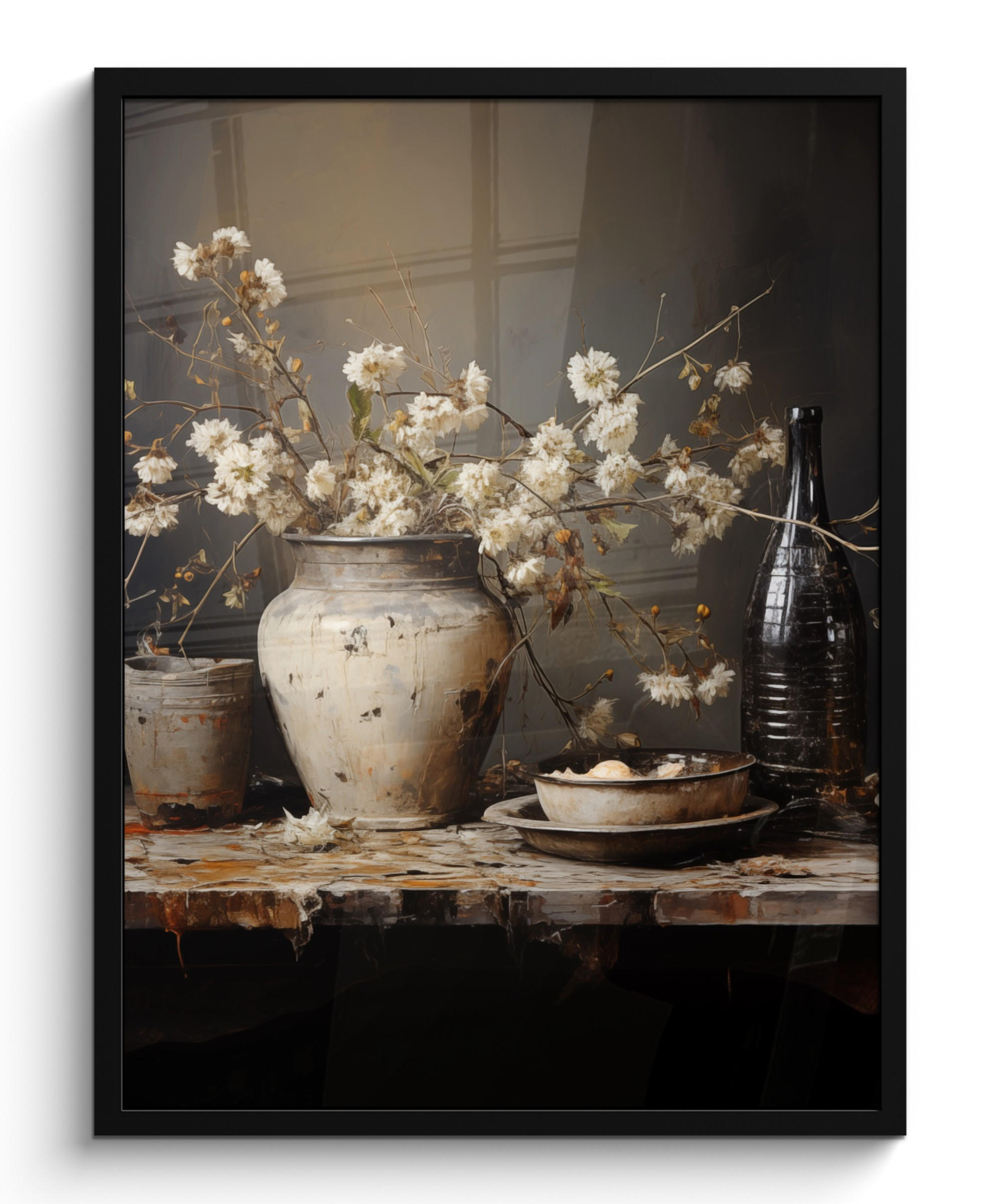 GERAHMTES BILD Stilleben - Blumen - Blumenstrauß - Vase - Wein 60x80 cm - Schwarz, Papier (60/80cm) - MuchoWow