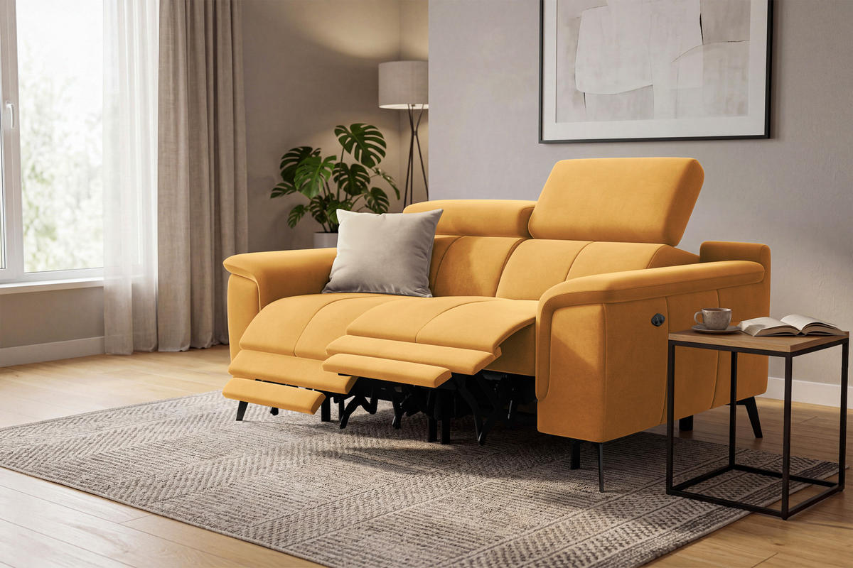 SOFA RELAX FIERO 2-Sitzer, Gelber Veloursstoff - Gelb/Schwarz, Holz/Textil (170/82/103cm) - Courtois Laville