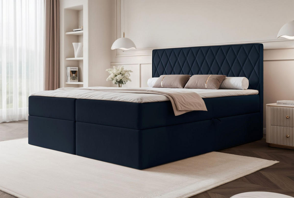 BOXBETT Carenzo Dunkelblau, Velours, 160x200 cm - Goldfarben/Dunkelblau, Textil (160/200cm) - Selsey