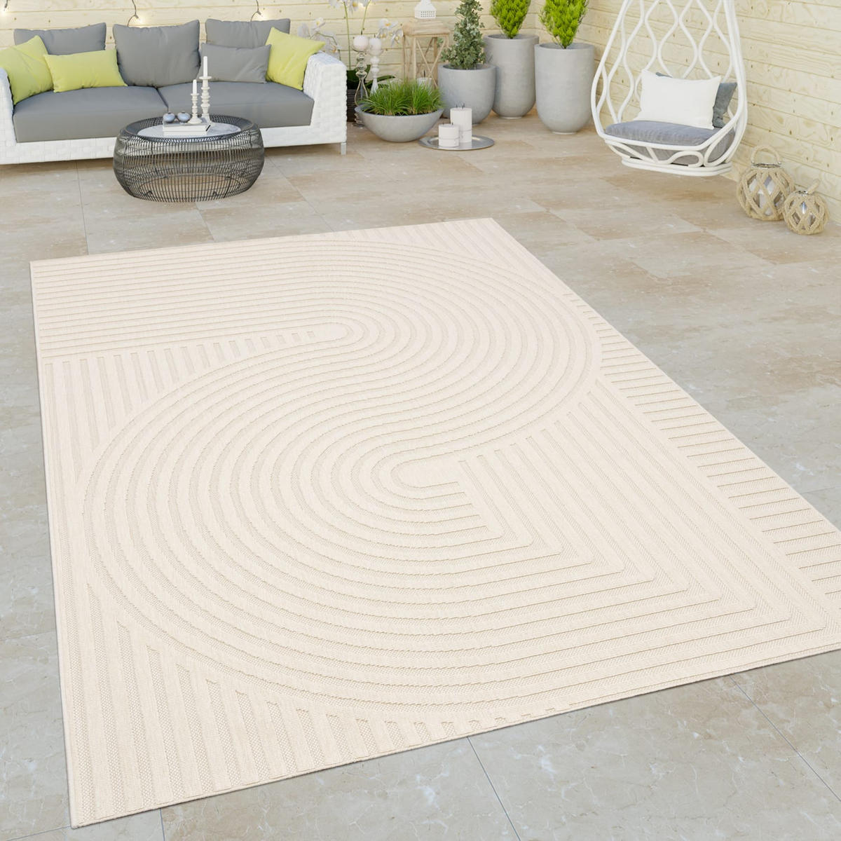 OUTDOOR Teppich Unifarben Spiralmuster Balkon, Terrasse schmutzabweisend Creme Rechteckig 120x170 - Creme, Textil (120/170cm) - KADIMA DESIGN