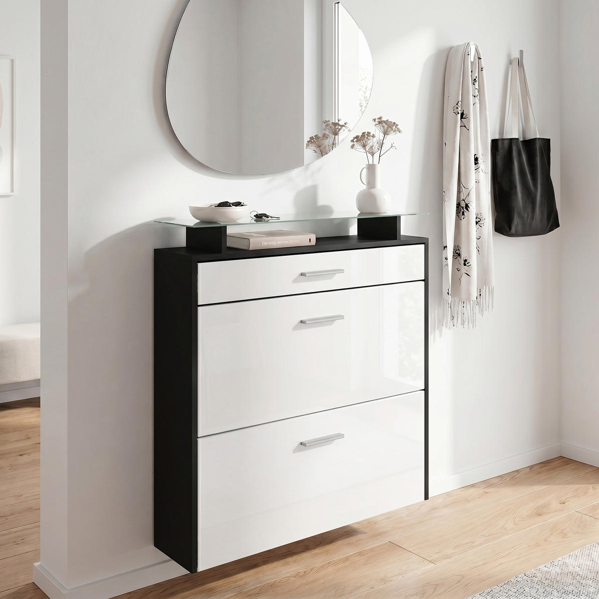 ORMARIĆ za cipele Malea Crna mat/Bijela visoki sjaj (89 x 96 x 23 cm) - bijela visoki sjaj, drvni materijal (89/96/23cm) - Vladon