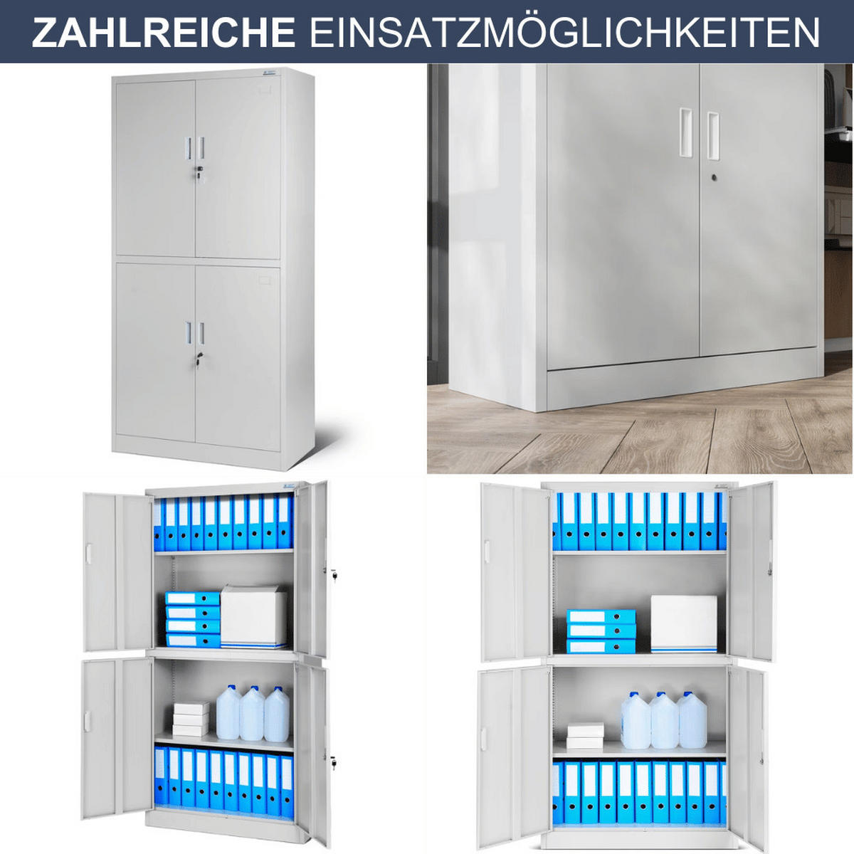 METALLSCHRANK abschließbar DOPLO mit Flügeltüren 185x90x40cm Grau - Grau, Metall (90/185/40cm) - DELUKE