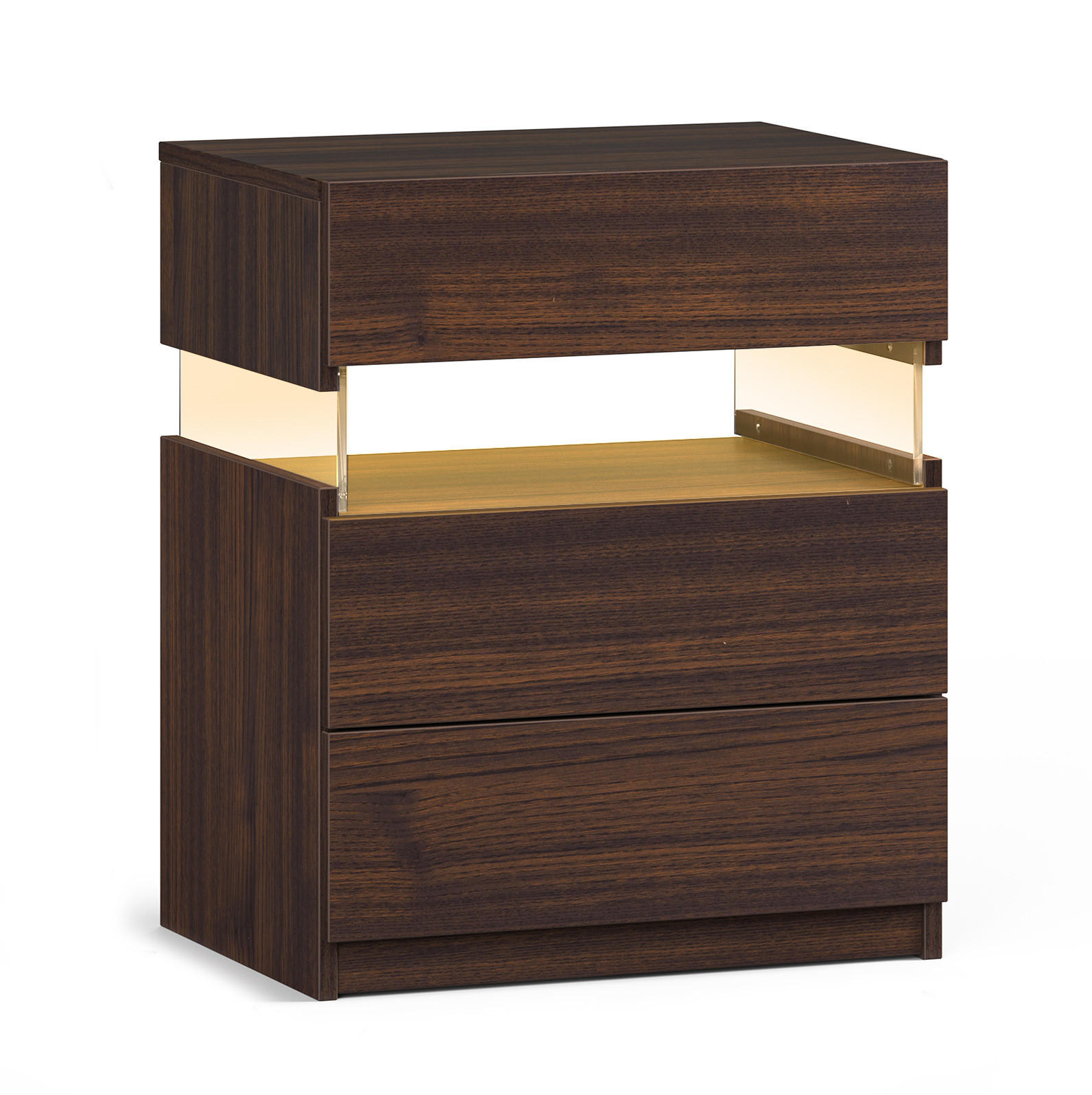 NACHTTISCH 38/48/61 cm mit 3 Schubladen, LED-Beleuchtung und Acrylfront, Walnuss - Walnussfarben, Holzwerkstoff (38/61/48cm) - Redom