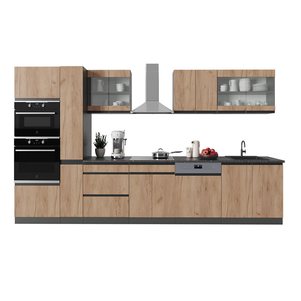KÜCHENZEILE R-Line Goldkraft Eiche/Anthrazit 350 cm J-Shape ohne AP - Honigeiche/Anthrazit, Holzwerkstoff (350/81.6/46cm) - Vicco