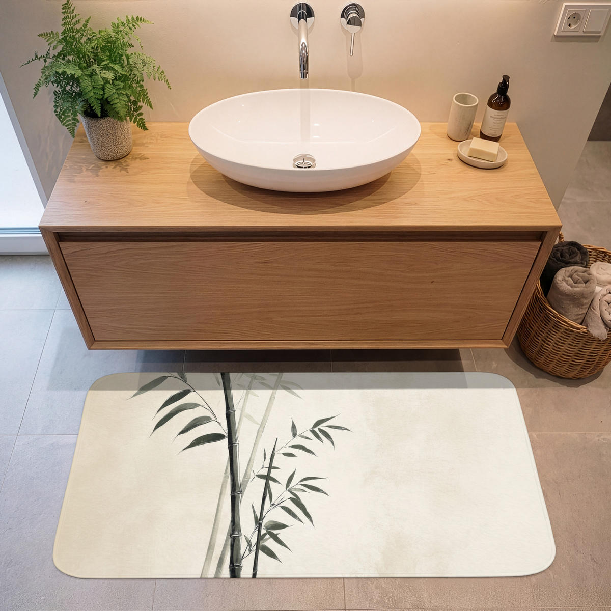 KOUPELNOVÁ PŘEDLOŽKA Japandi - Bambus - béžová 120x60 cm - ecru, textil/plast (120/60cm) - OnlyWow