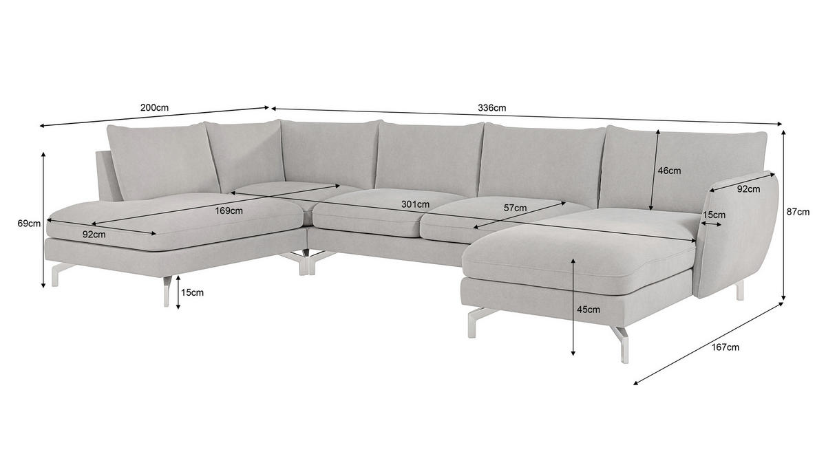 WOHNLANDSCHAFT Elou Silber Luxusmicrofaser - Chromfarben/Silberfarben, Textil/Metall (336/87/200cm) - S-Style Möbel