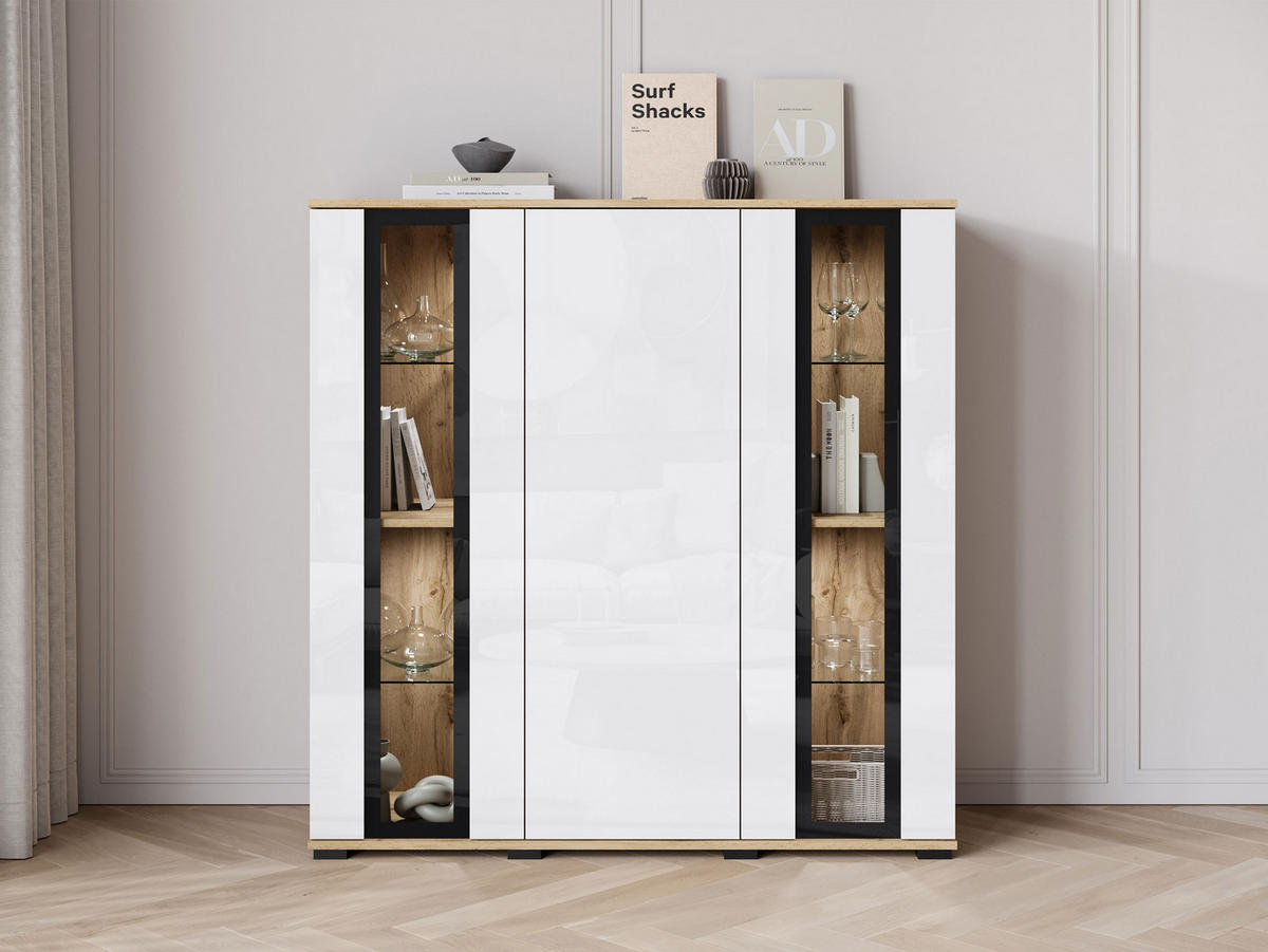 KOMMODE Caro HB 120 mit weißer LED Beleuchtung - Eiche Wotan/Schwarz, Holzwerkstoff/Kunststoff (120/122/40cm) - MIRJAN24