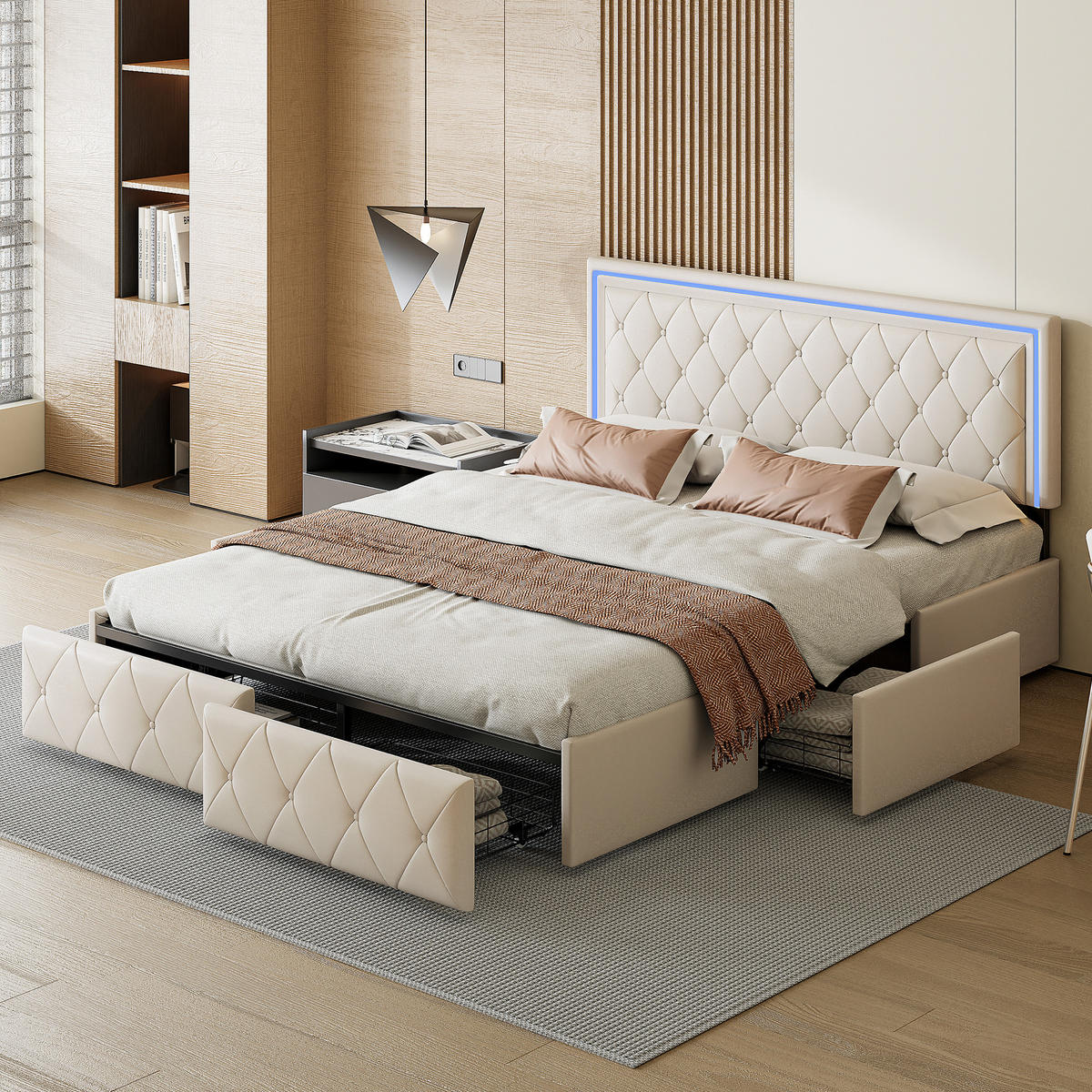 POLSTERBETT 160x200 cm, mit 4 Schubladen, Lattenrost, PU-Beige - Beige, Holzwerkstoff/Textil (160/200cm) - WoodenAura