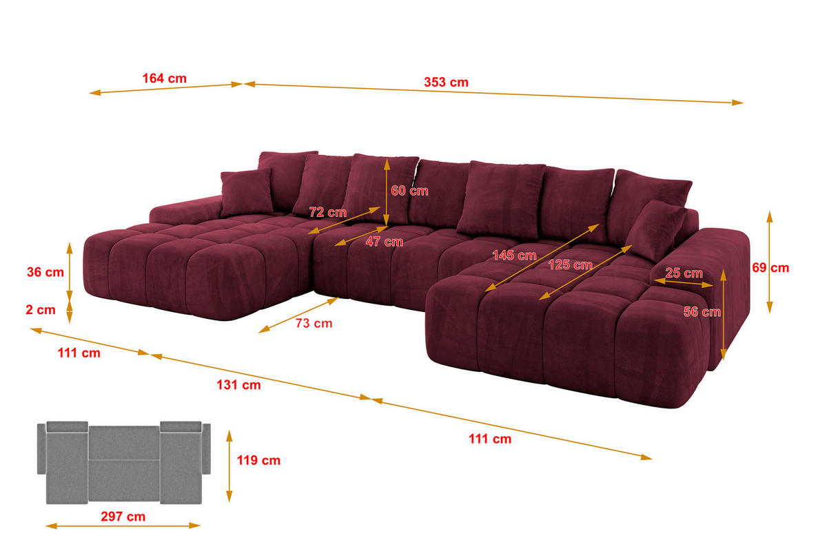 WOHNLANDSCHAFT ENSI-U - 353x164x69 cm Bordeaux - Bordeaux, Holzwerkstoff/Kunststoff (357/69/164cm) - ALTDECOR