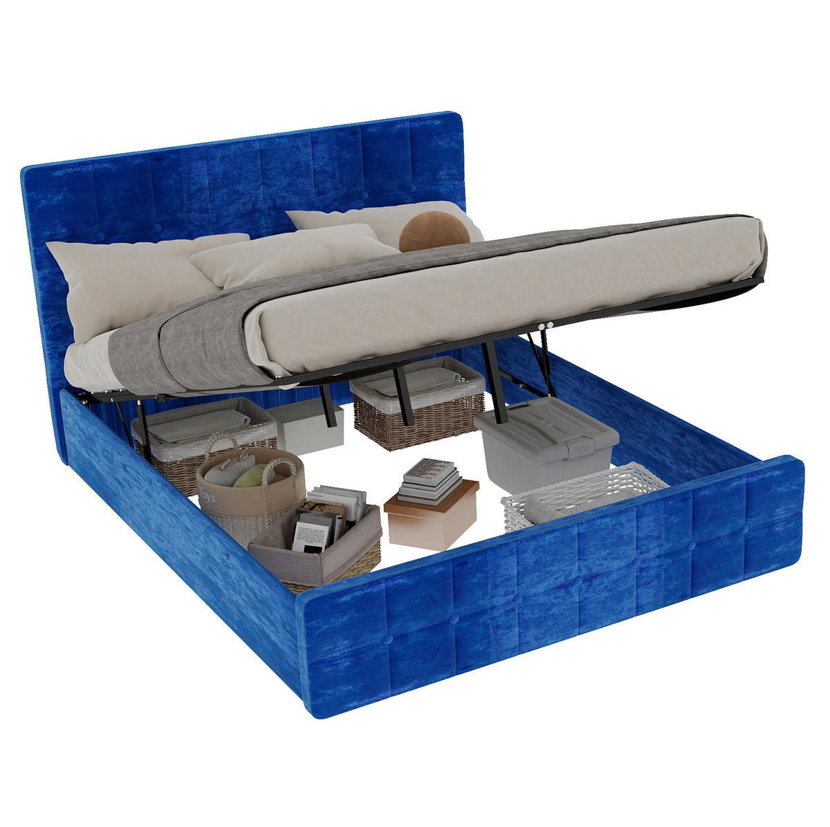 POLSTERBETT 160/200 cm mit gepolstertem Kopfteil und Ziersteppung, Blau - Blau, Textil (160/200cm) - Redom