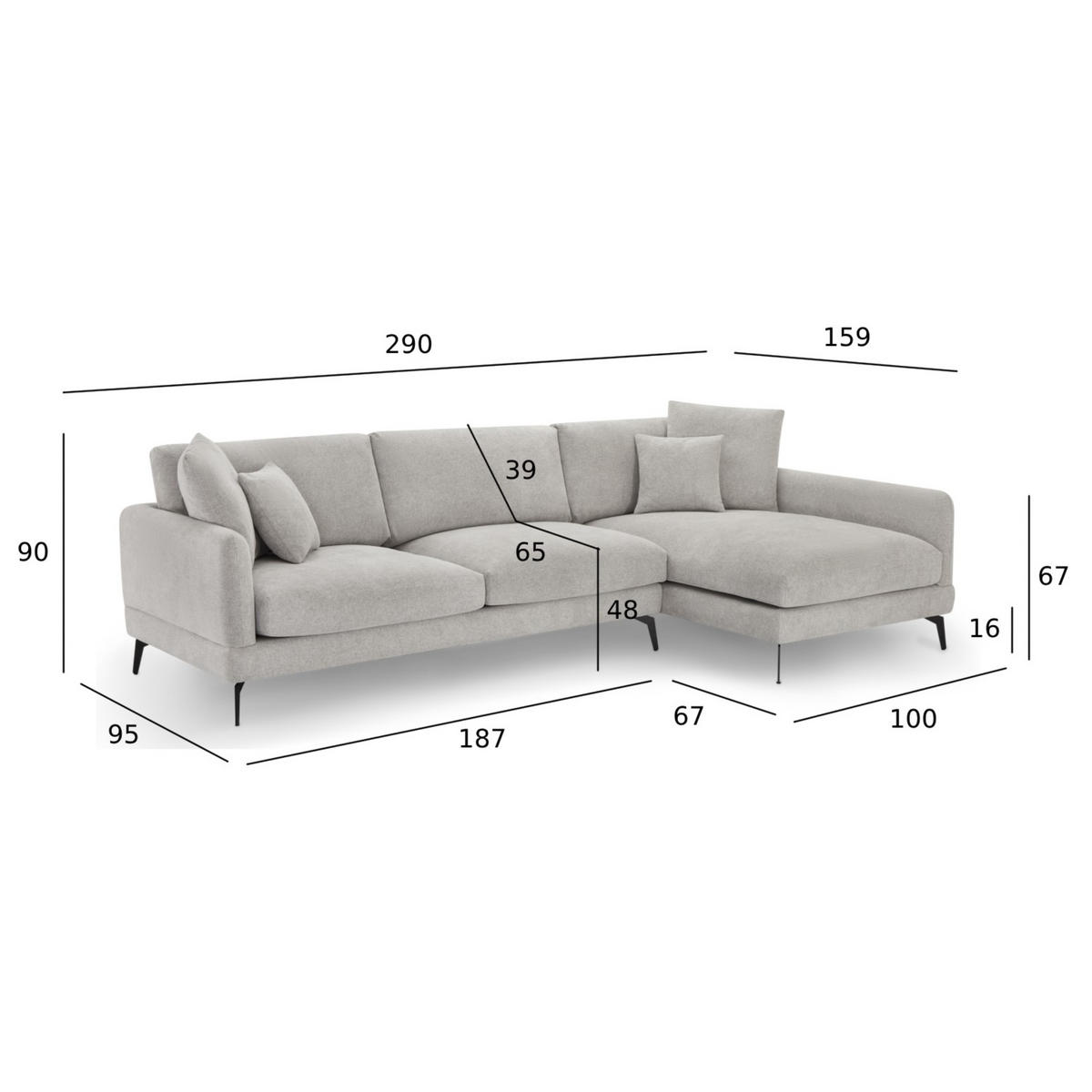 ECKSOFA Webstoff Grau - Schwarz/Grau, Textil/Metall (290/95cm) - Furnhouse