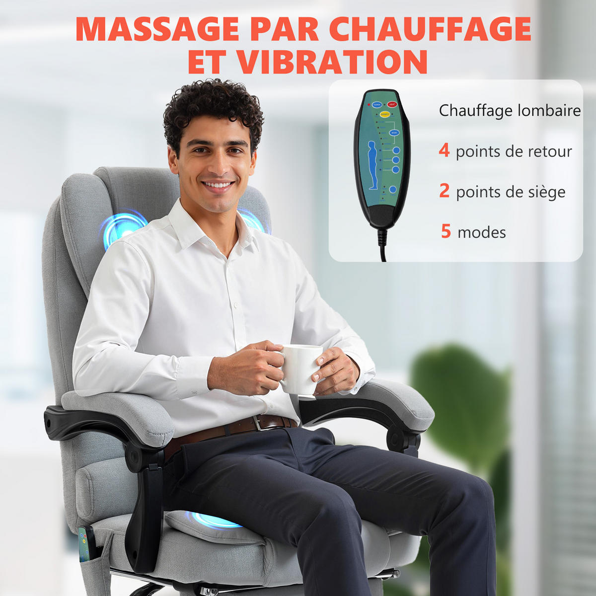 CHEFSESSEL DE-11829 Massage & Heizung Grau - Hellgrau, Textil (65/119/70cm) - ComfortXL