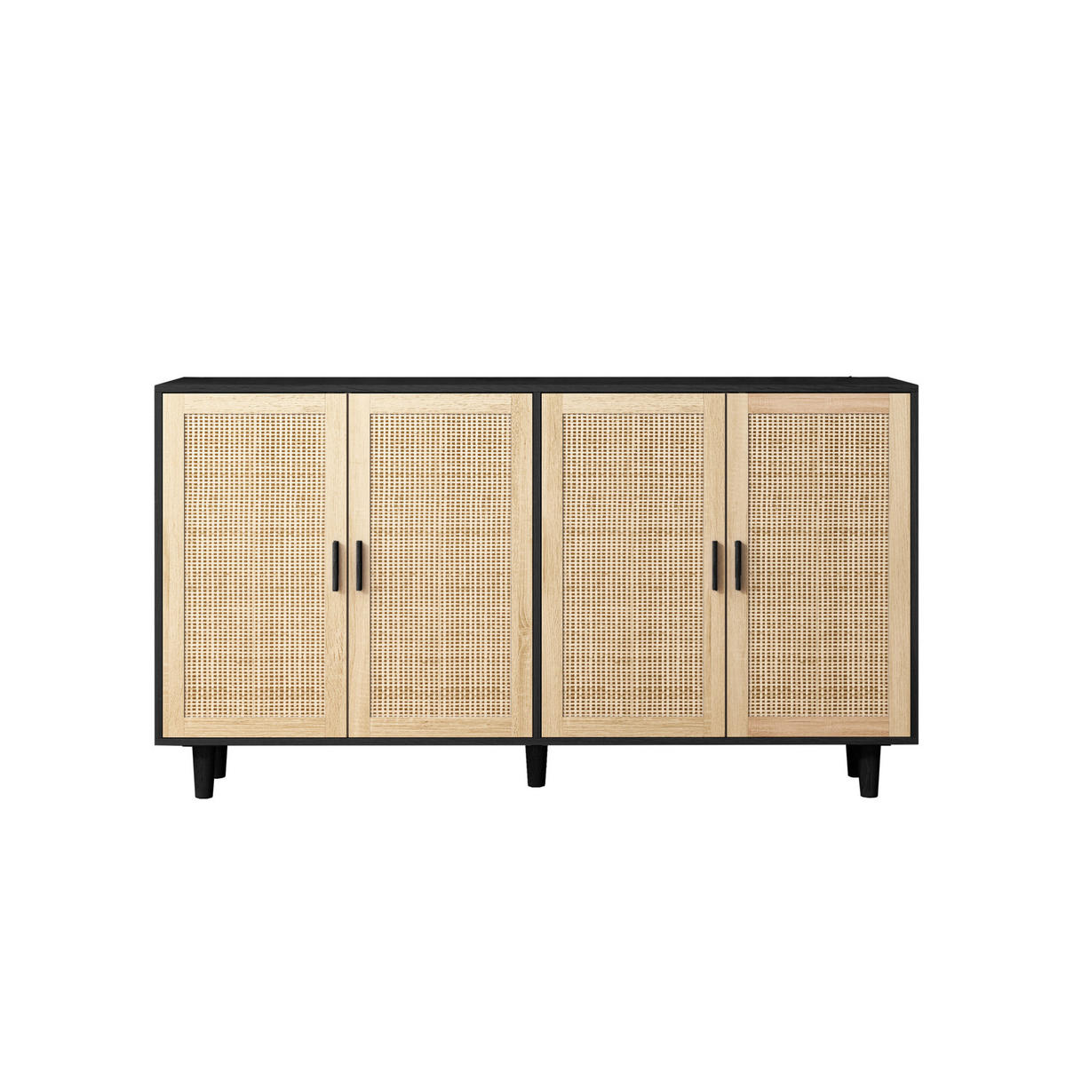 SIDEBOARD 158/40/88 cm mit 4 Rattantüren in Schwarz & viel Stauraum - Schwarz, Holzwerkstoff (158/88/40cm) - BEAOK