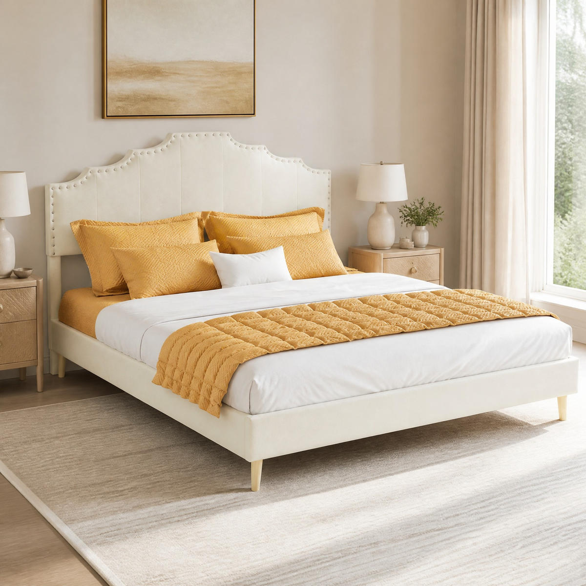 POLSTERBETT 140/200 mit geometrischem Kopfteil und Hollandwollstoff in Beige - Beige, Holzwerkstoff/Textil (140/200cm) - EVRYAE