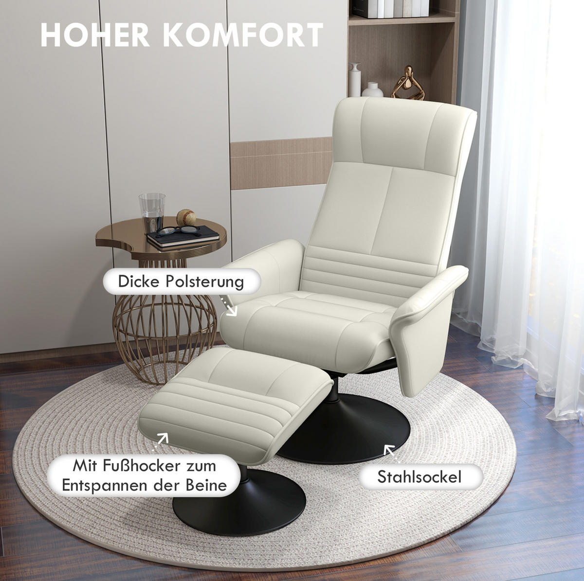 RELAXSESSEL mit Hocker 69/71/104 cm in Cremeweiß, drehbar mit Liegefunktion - Creme, Textil (71/104/69cm) - Flora Grace