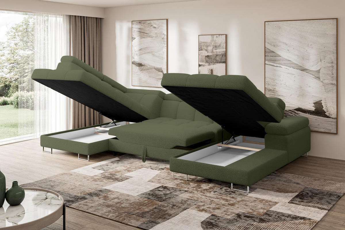 WOHNLANDSCHAFT mit Schlaffunktion und Bettkasten Ottomane Links COMA U 345x203x79 Grün Bouclé - Smaragdgrün, Holzwerkstoff/Textil (345/79/203cm) - ALTDECOR