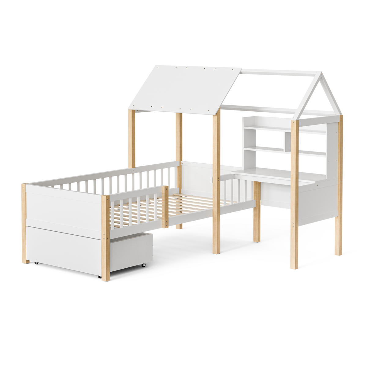 HAUSBETT 90/200 cm in Weiß – mit Schreibtisch, Regal und Rausfallschutz - Weiß, Holz (90/200cm) - BEAOK