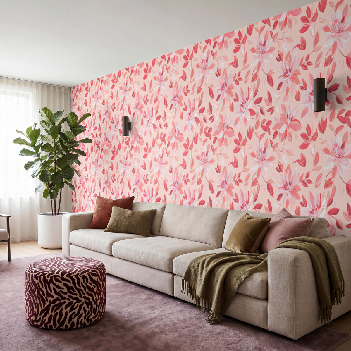 TAPETE - Botanisch - Blumen - Rot - 500x200 cm - Koralle, Papier (500/200cm) - OnlyWow