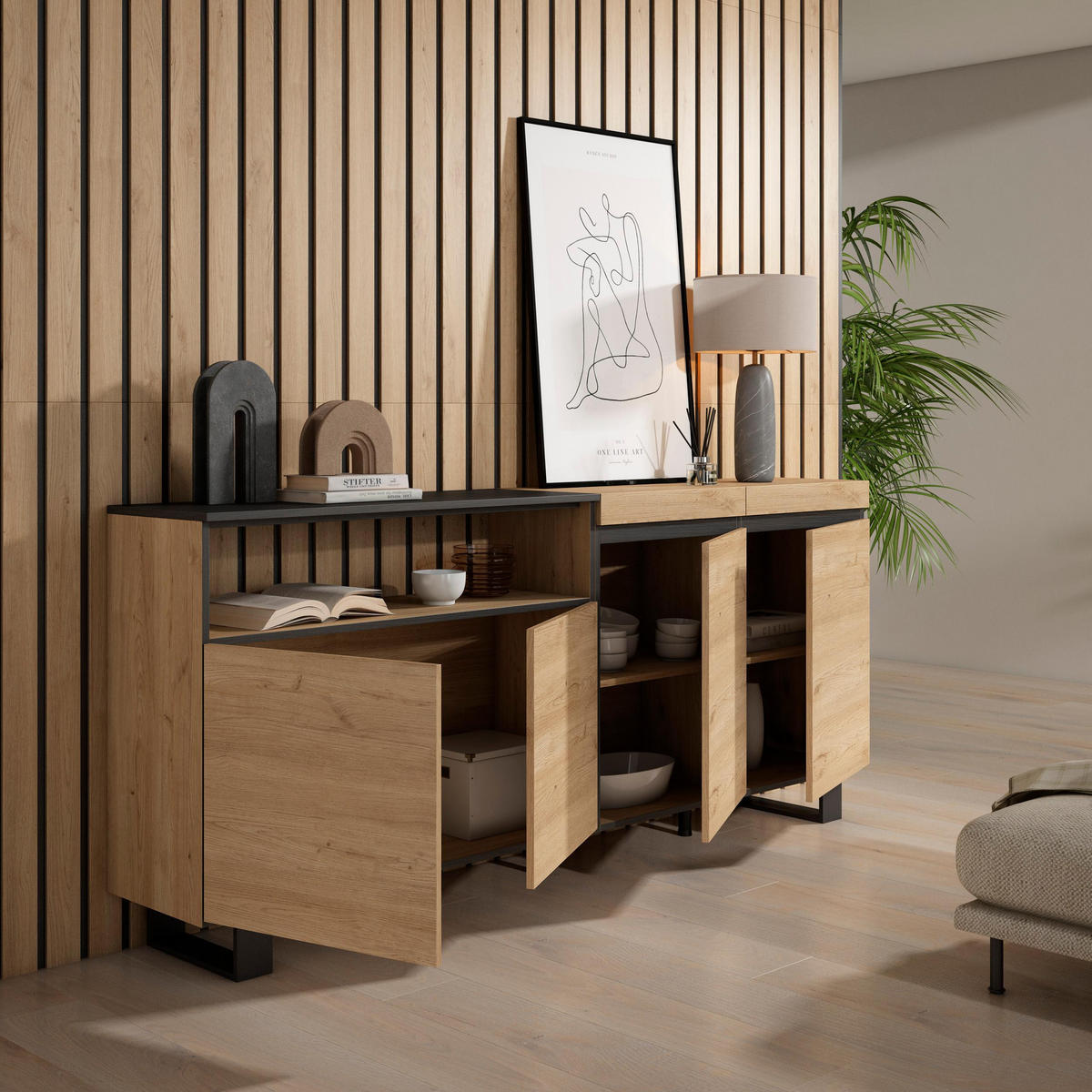 SIDEBOARD eiche, schwarz, 200/35/87cm - Multicolor, Holzwerkstoff (200/87/35cm) - Skraut Home