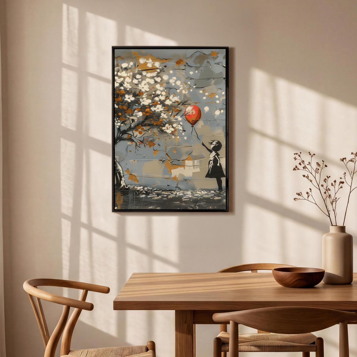 LEINWAND Bilder mit Rahmen - Baum - Graffiti - Banksy-Stil - Ballon-Mädchen - 60x90 - Blaugrau, Textil (60/90cm) - MuchoWow