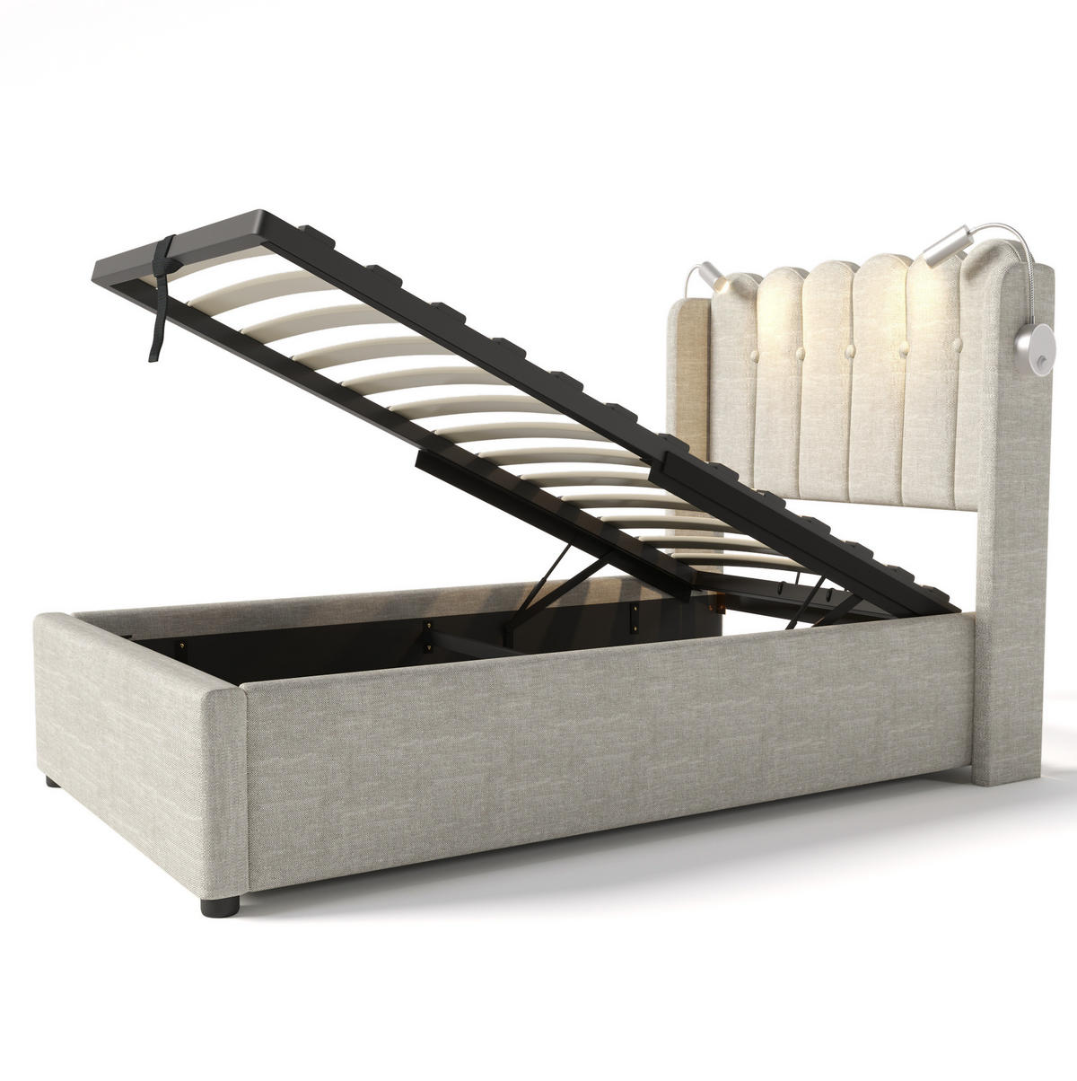 POLSTERBETT aus Leinen 90x200 cm Beige mit Bettkasten, Leselicht und USB-Anschluss - Beige, Textil (90/200cm) - IVMEU