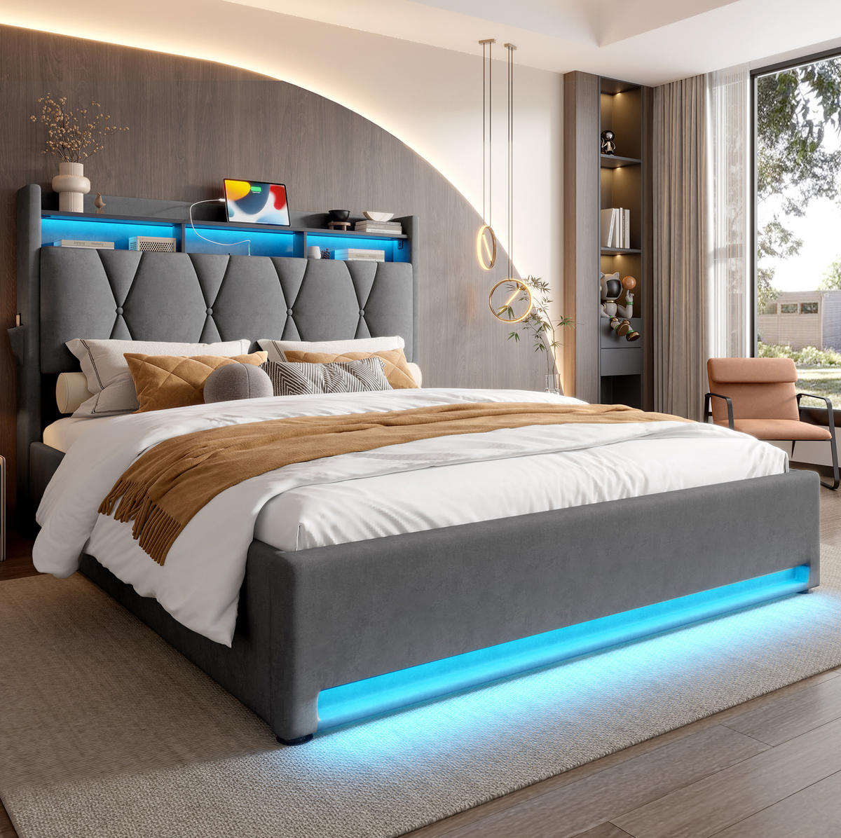 POLSTERBETT 160/200 cm mit LED-Beleuchtung, USB- und Type-C-Anschluss, Stauraum-Kopfteil und Bettkasten, Dunkelgrau - Dunkelgrau, Textil (160/200cm) - Redom