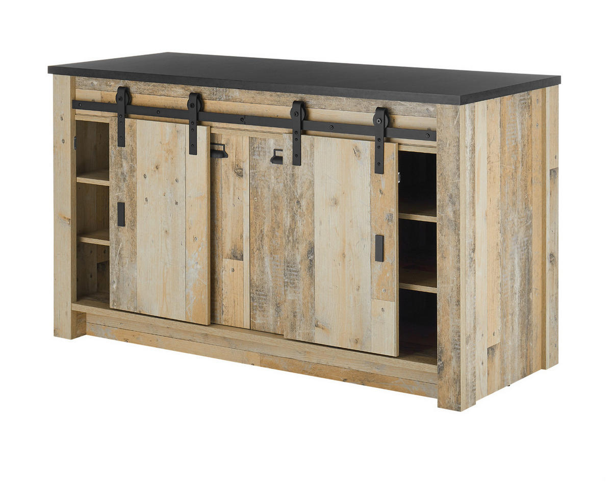KÜCHENZEILE in Used Wood, anthrazit 284 cm, Küchenschrank-Set 5-teilig mit Soft-Close - Anthrazit/Schwarz, Glas/Holzwerkstoff (284/201/64cm) - Furn.Design