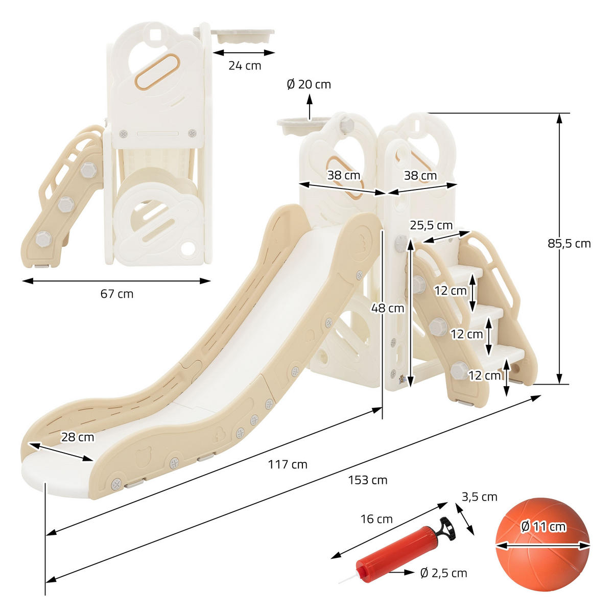 KINDERRUTSCHE 3 in 1 Kleinkinderrutsche mit Turm und Basketballkorb Weiß-Beige - Beige, Kunststoff (153/85.5/91cm) - Joyz
