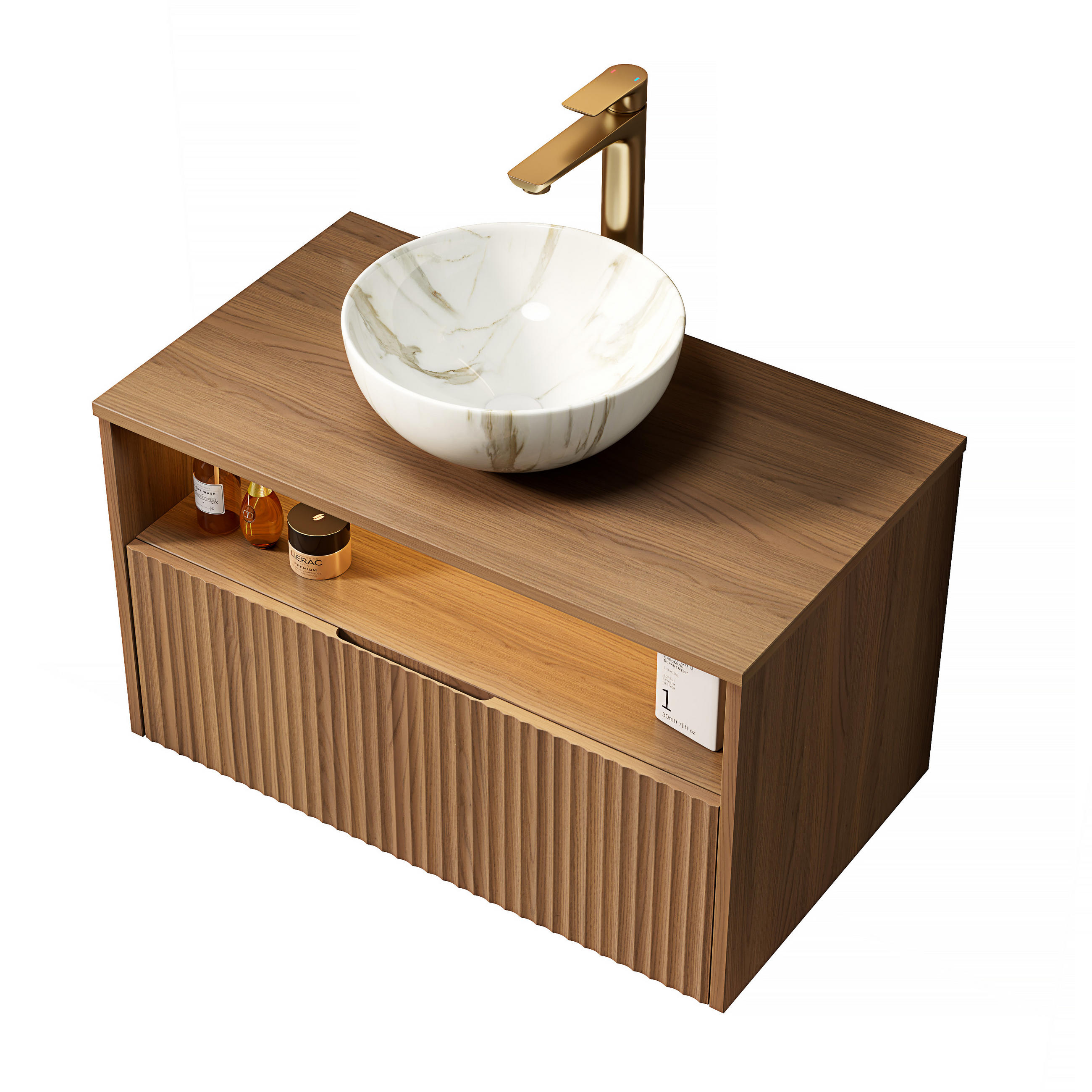 WASCHTISCHKOMBI 80x46x60.8cm in Braun mit Massivholzfront, Waschbecken & Sensor-LED - Braun, Keramik (80/60.8/46cm) - Modfu