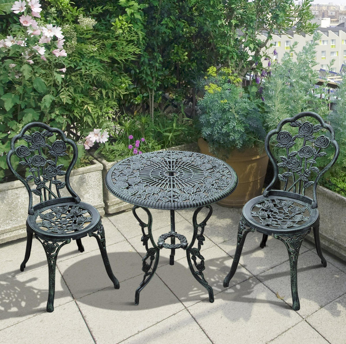 GARTENSET aus Eisen Tisch Ø60x69 cm und 2 Stühle 40x49x82 cm Grün im Antik-Look mit Blumenmuster - Grün, Metall - Modfu