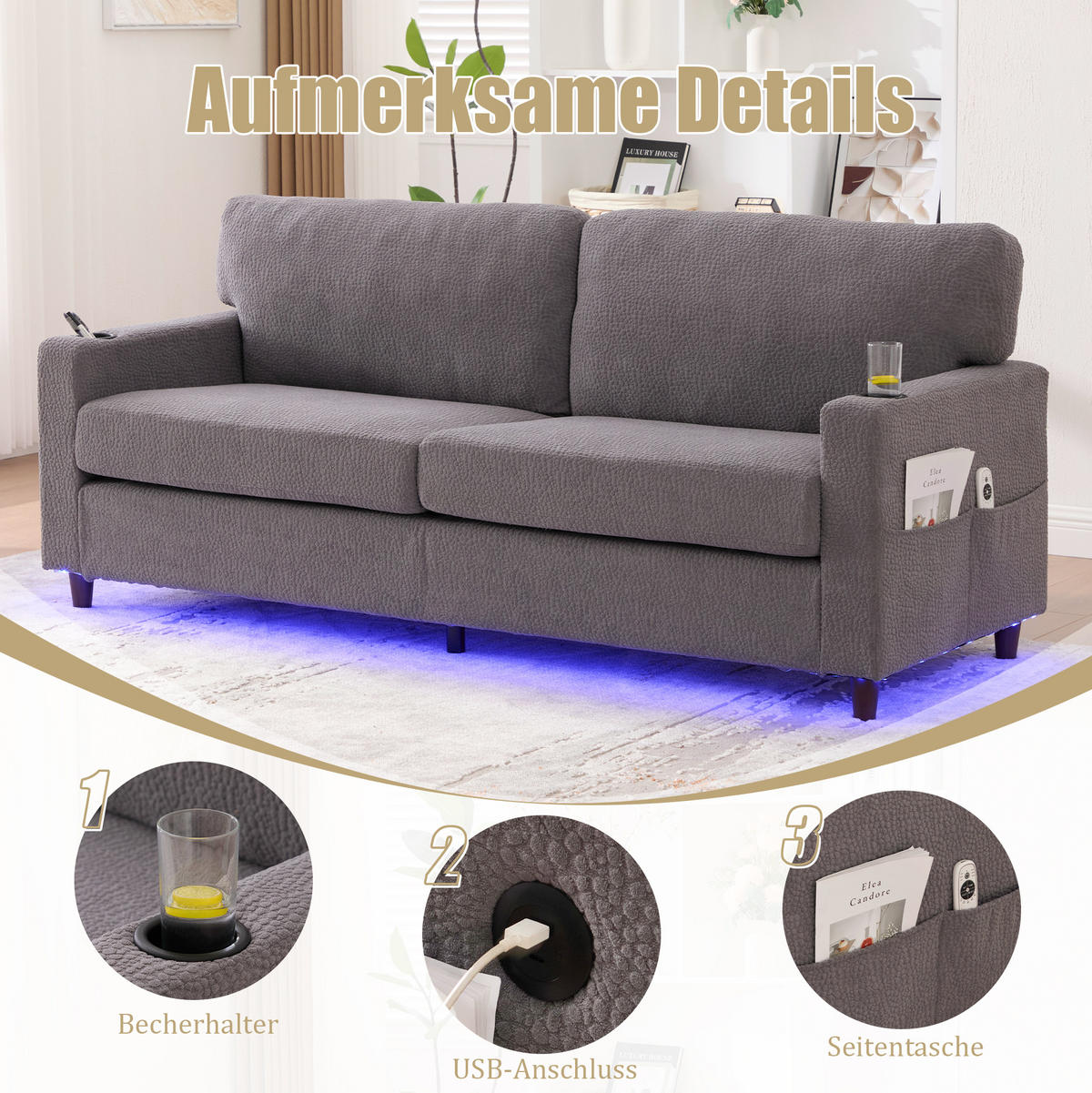 ZWEISITZER Sofa Chenille mit USB-Anschluss LED-Licht und Getränkehaltern 203/77,5/86 cm Hellgrau - Hellgrau, Textil (77.5/86/203cm) - Redom