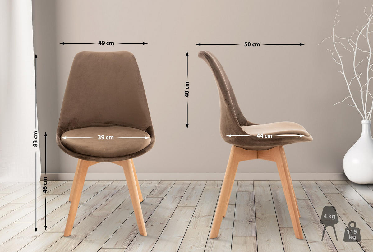 STUHL 4er Set Samt dunkelbraun - Eukalyptusholzfarben/Dunkelbraun, Holz/Textil (49/83/50cm) - CLP