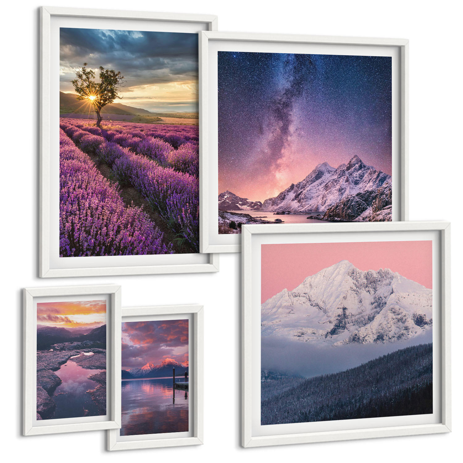BILDER SET 5er Set - 50x50 cm & 20x30 cm & 40x60 cm Weißer Rahmen - Nachtstädte mit Neonlichtern - Weiß, Kunststoff (40/60cm) - TULUP