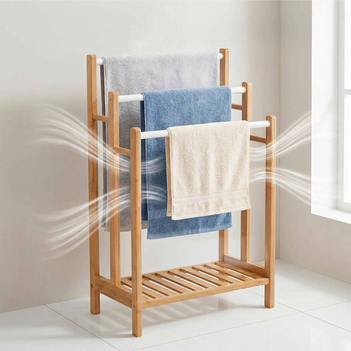 DRŽÁK ručníků - světle hnědá, kov/dřevo (46/86/24cm) - Relaxdays