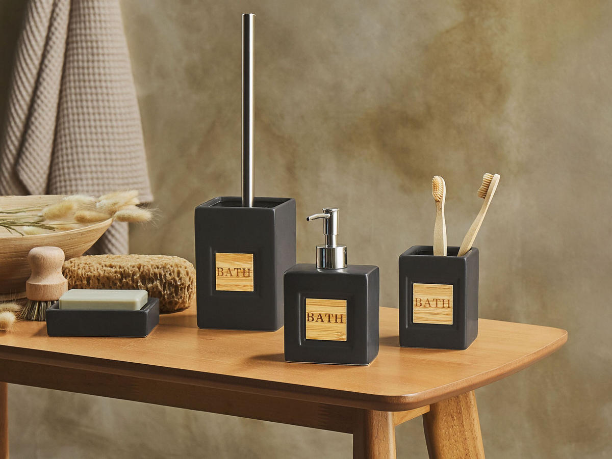 BADEZIMMER Set 4-teilig Keramik schwarz/heller Holzfarbton Kourou - Hellbraun/Schwarz, Stein (9/16/6cm) - Beliani