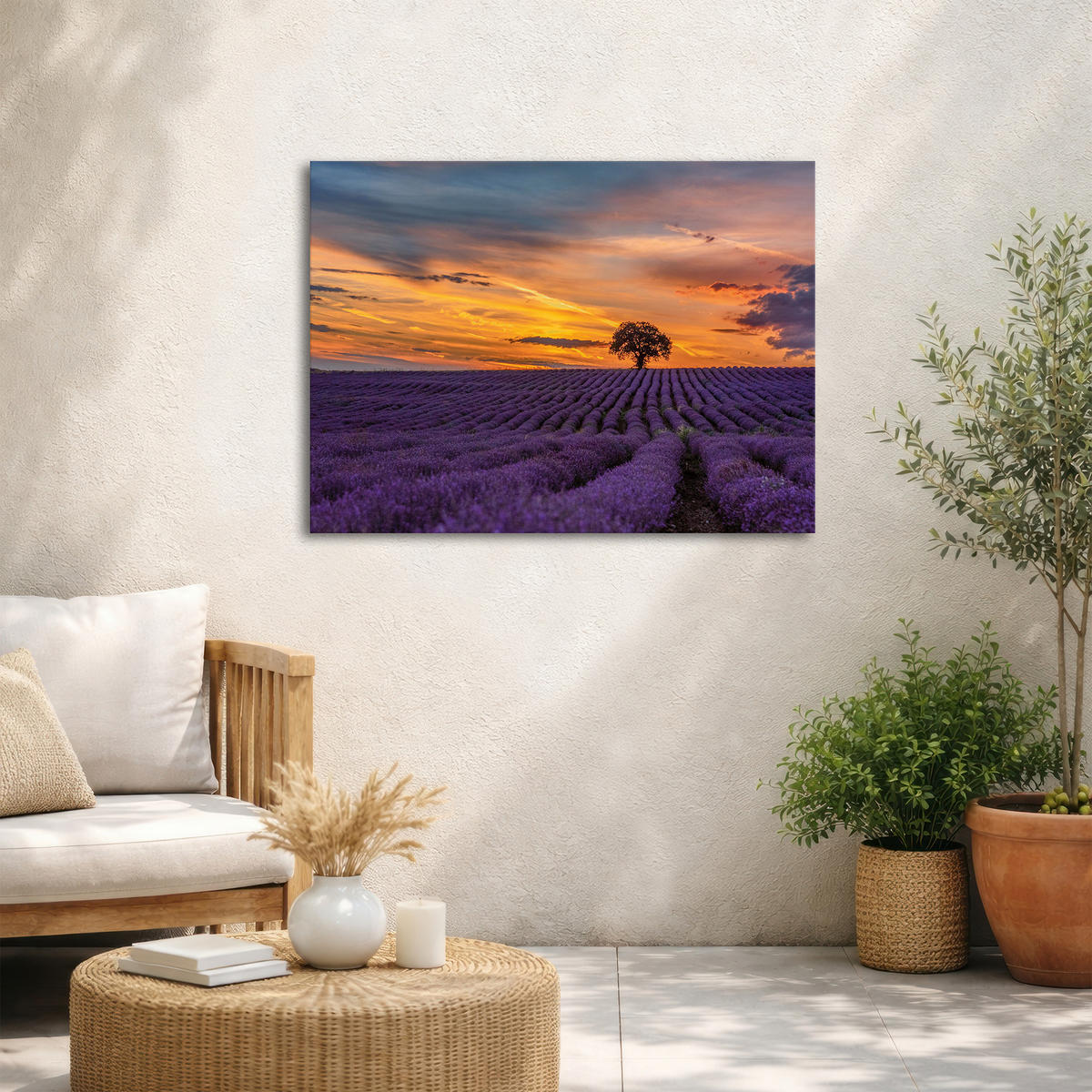 LEINWANDBILD Lavendelfeld bei Sonnenuntergang 50x70cm - Lila/Orange, Textil (50/1cm) - Art for the Home