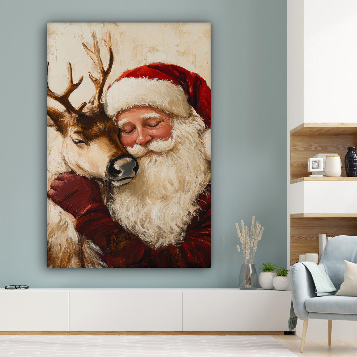 LEINWANDBILD Weihnachtsmann - Rentier - Weihnachten Deko Groß 90x140 cm - Rotbraun, Textil (90/140cm) - MuchoWow