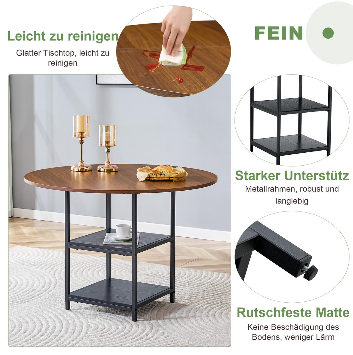 ESSTISCH 107/75 cm in Nussbaum-Optik mit 2 Ablagen und Metallgestell - Schwarz, Holzwerkstoff (107/107/75cm) - Flora Grace