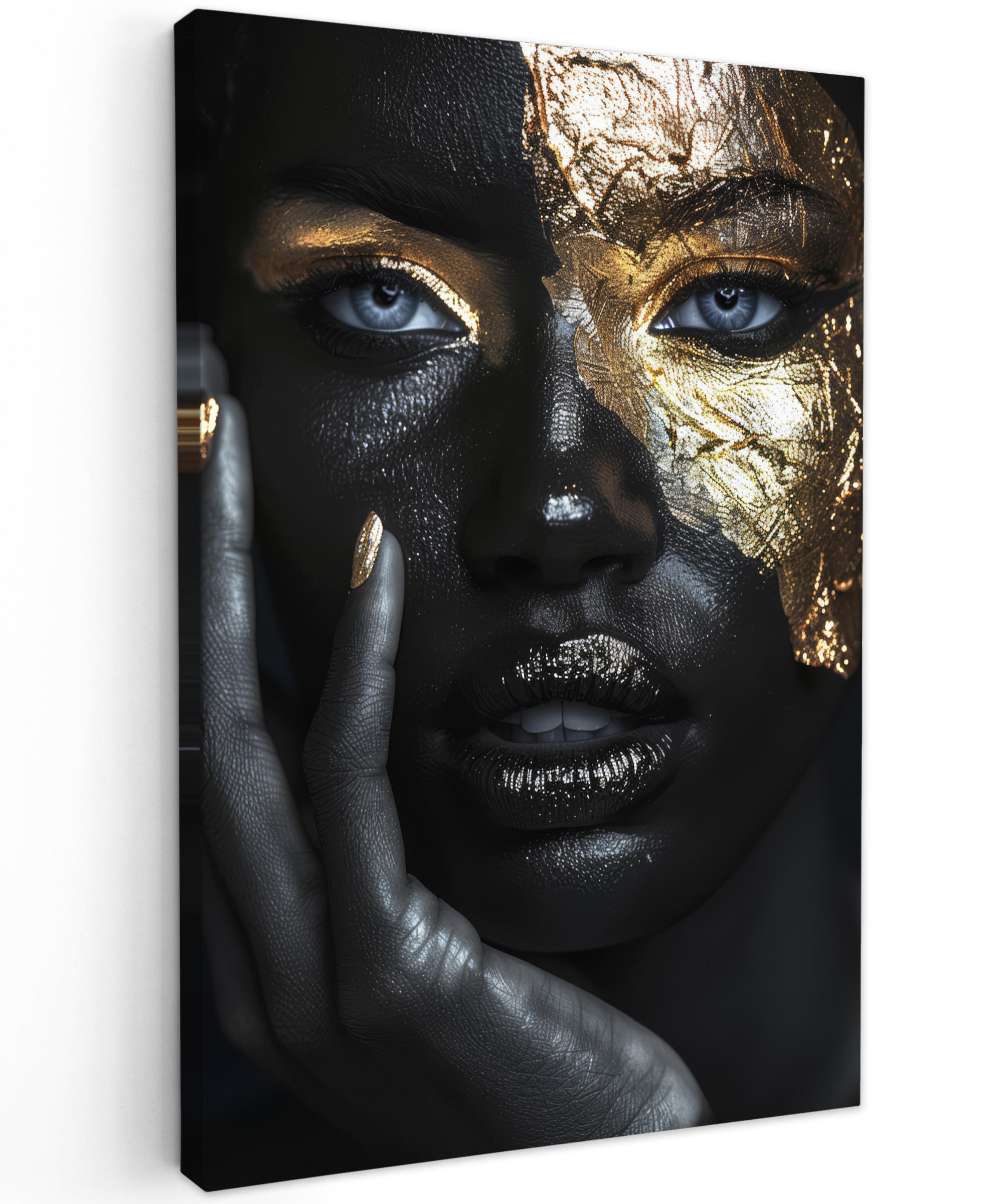 LEINWANDBILD Frau - Gold - Porträt - Schwarz-Weiß - Luxus 40x60 cm - Hellblau, Textil (40/60cm) - MuchoWow