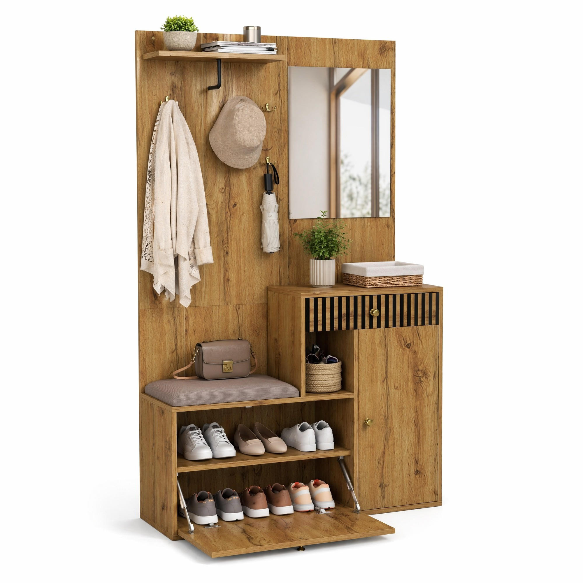 GARDEROBE-SET in Naturfarben Garderobenschrank mit Spiegel für Eingangsbereich und Flur, B110/T37/H185.5 cm - Schwarz/Naturfarben, Glas/Holzwerkstoff (111/185.5/37cm) - STILVORA