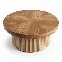 COUCHTISCH rund 78 cm mit Fischgrät-Furnier und zylindrischem Sockel, Mid-Century Beistelltisch in Naturholz-Optik - Eukalyptusholzfarben, Holzwerkstoff (78/78/38.5cm)