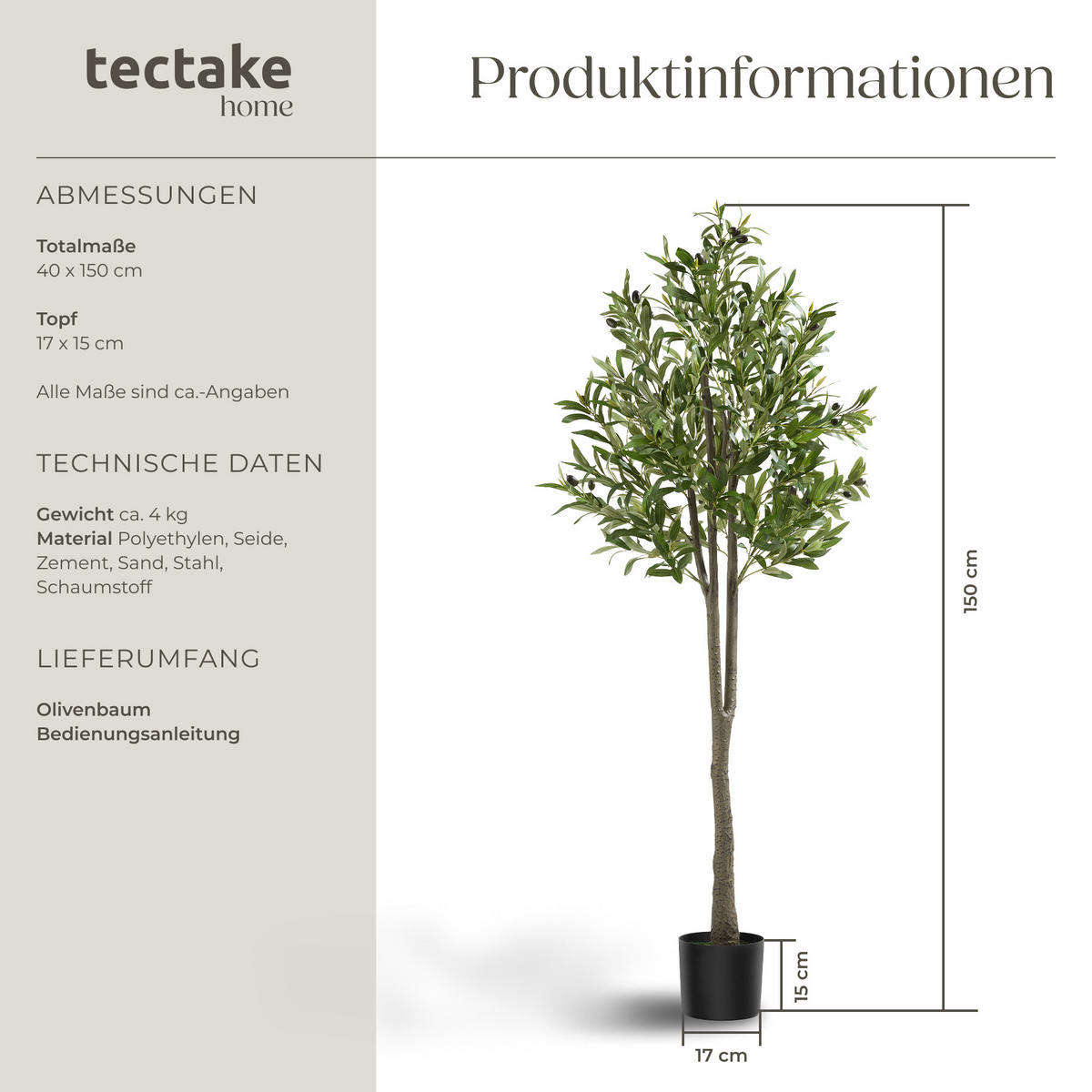 KÜNSTLICHER-OLIVENBAUM Oleand,stabiler Kunststoff-Blumentopf,grün - Grün, Kunststoff (150cm) - tectake