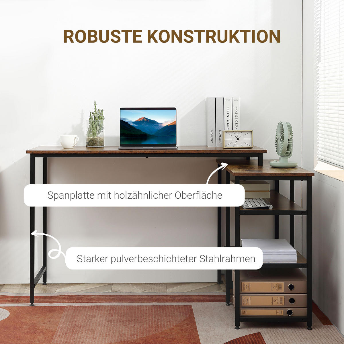 COMPUTERTISCH Bürotisch Regal platzsparend Spanplatte Metall Rustikales Braun - Braun, Kunststoff (135/90/79cm) - HOMCOM